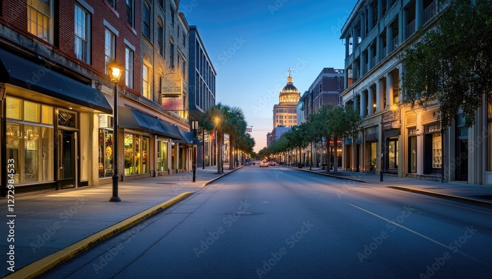 Fototapeta premium Empty city street, twilight, historic district, capitol building