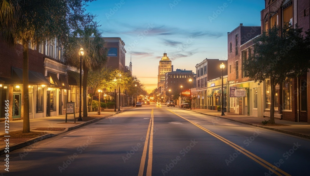 Empty City Street at Dawn, Historic Downtown Empty City Street at Dawn, Historic Downtown