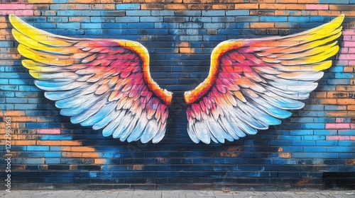 Vibrant mural of angel wings painted on a brick wall in an urban setting adds a sense of hope and inspiration during the afternoon
