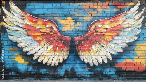 Vibrant mural featuring angel wings against a colorful brick wall in an urban setting
