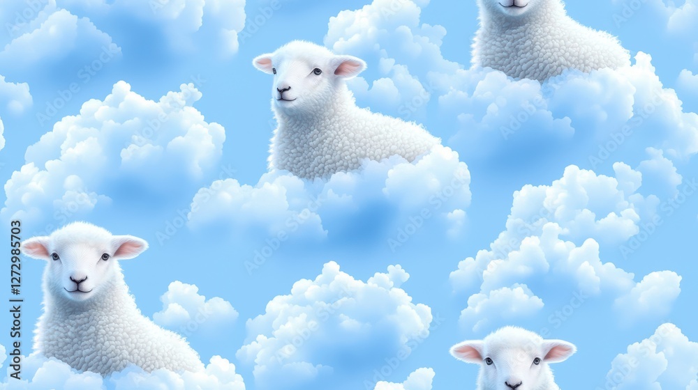 Obraz premium A whimsical journey, fluffy sheep floats among the clouds in vibrant blue sky fluffy