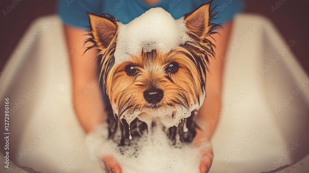 Small Yorkshire Terrier Enjoying a Bubbly Bath in a Home Bathtub with Playful Atmosphere Small Yorkshire Terrier Enjoying a Bubbly Bath in a Home Bathtub with Playful Atmosphere