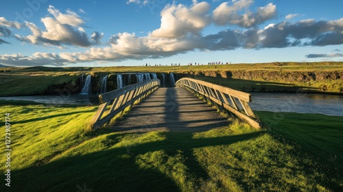 Wooden bridge over Icelandic waterfall, sunset, green hills