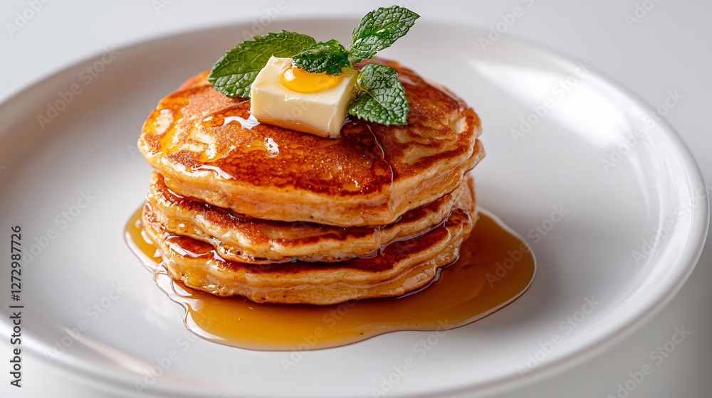 Stack of Pancakes with Butter Honey Syrup and Mint on White Plate Stack of Pancakes with Butter Honey Syrup and Mint on White Plate