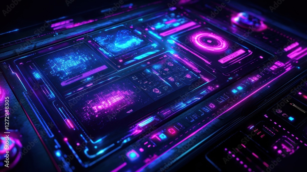 Obraz premium Futuristic control panel with glowing neon displays and intricate digital patterns in a dark setting