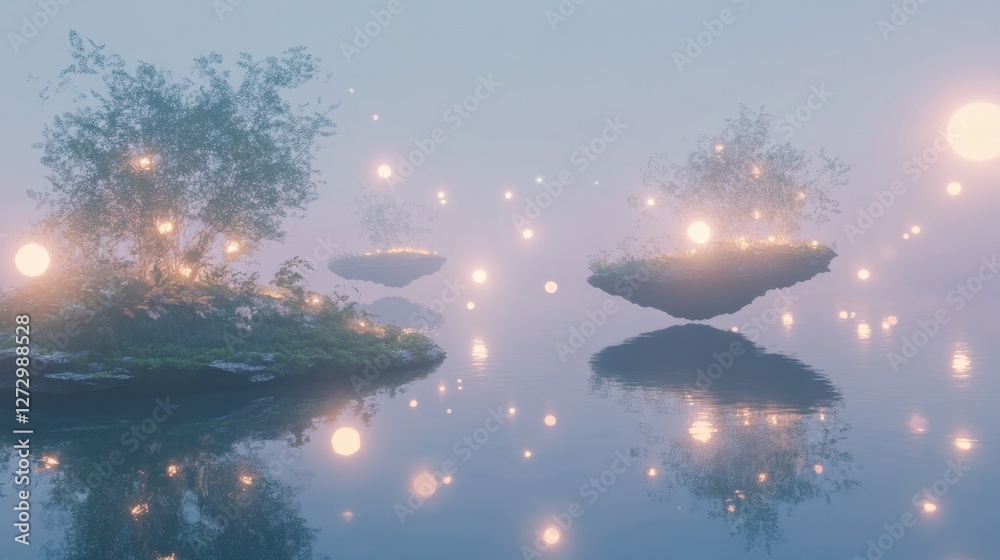 A magical scene of floating islands with glowing orbs drifting softly through a serene and dreamy atmosphere A magical scene of floating islands with glowing orbs drifting softly through a serene and dreamy atmosphere