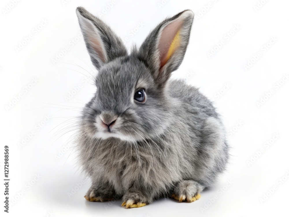 Obraz premium A cute, fluffy gray rabbit, captured in a high-resolution studio aerial shot on a white backdrop.