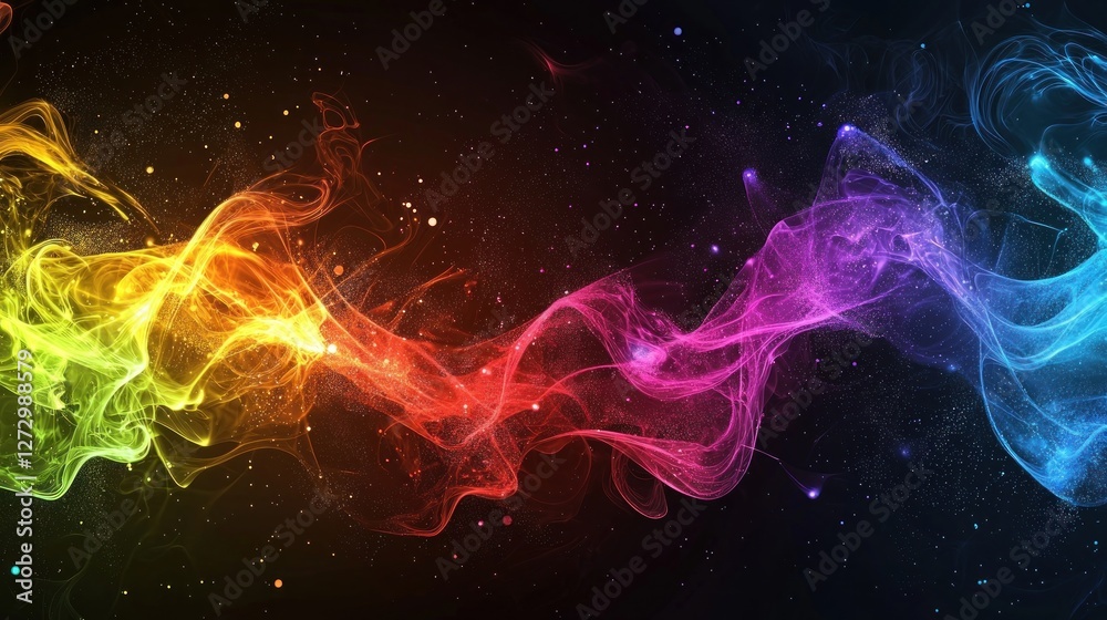 Cosmic Rainbow Nebula: A vibrant swirl of colors in the night sky, resembling a celestial river of light and stardust. Cosmic Rainbow Nebula: A vibrant swirl of colors in the night sky, resembling a celestial river of light and stardust.