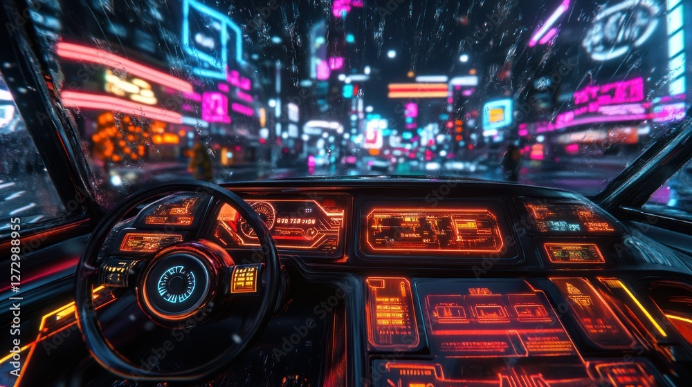 Obraz premium Futuristic cityscape viewed from a neon-lit car dashboard, bustling nightlife and vibrant lights