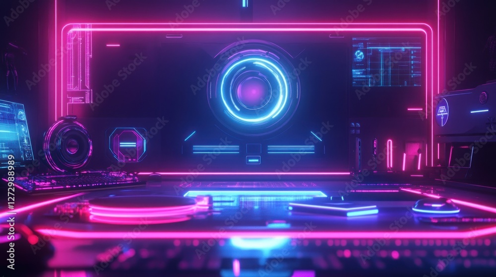 Futuristic DJ setup with neon lights and digital screens, creating an immersive music experience Futuristic DJ setup with neon lights and digital screens, creating an immersive music experience