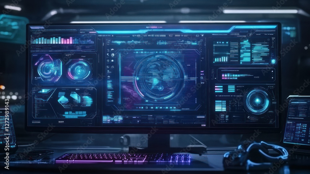 Obraz premium Futuristic control room with high-tech monitors displaying data and analytics in a dark environment