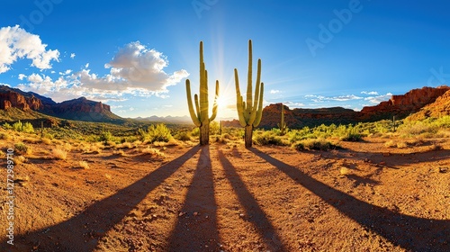 Saguaro cacti stand tall as the sun rises over Arizona