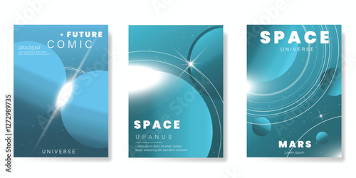 Planet and galaxy Space card vector set. Solar system with galaxy planets, asteroids, jupiter, saturn, mars, moon, ring line solar. Cosmic design for flyer, brochure, background, poster, cover.