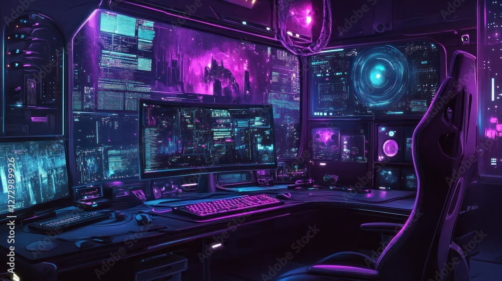 Futuristic gaming setup with vibrant neon lights and multiple screens displaying data in a dark room Futuristic gaming setup with vibrant neon lights and multiple screens displaying data in a dark room