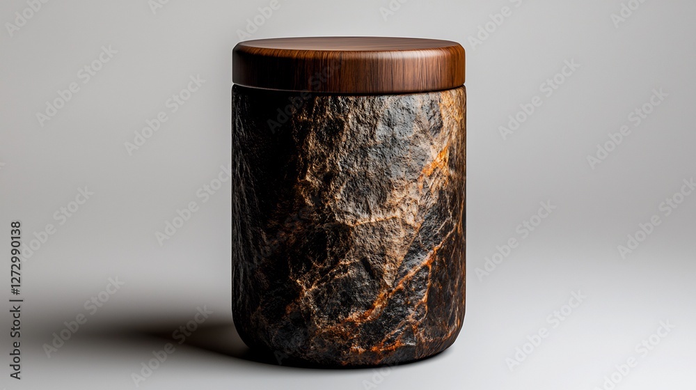 Textured Brown Ceramic Container With Wooden Lid on Gray Background