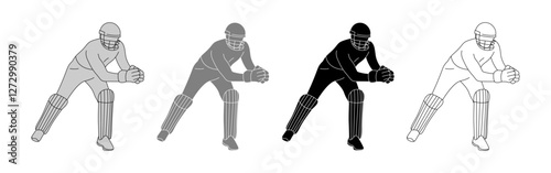 Vector illustration of cricket player wicket keeping action poses set on transparent background