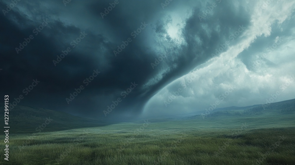 Dramatic storm clouds swirling over a vast green landscape, hinting at an approaching tempest Dramatic storm clouds swirling over a vast green landscape, hinting at an approaching tempest