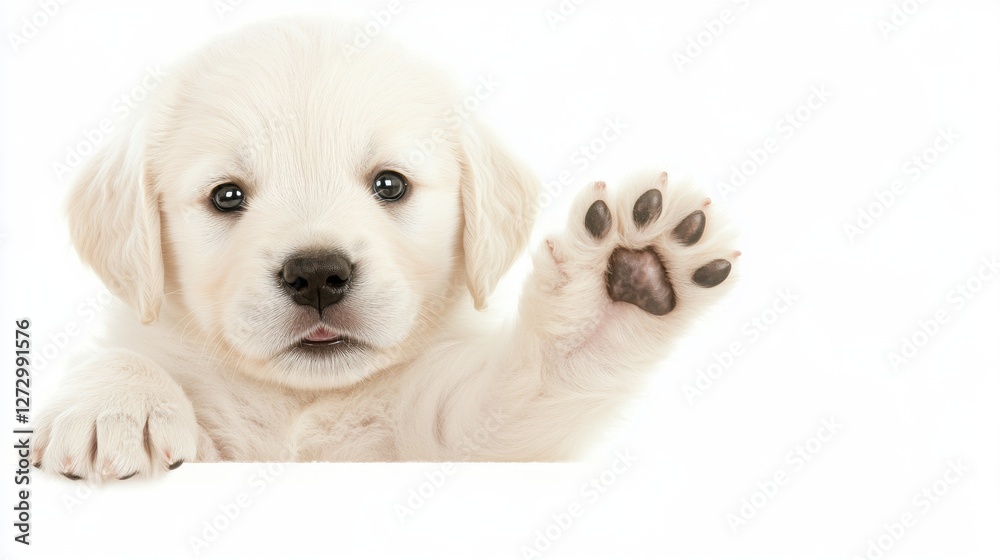 Adorable White Puppy Waving Its Paw in a Cute Display on a Bright Background Adorable White Puppy Waving Its Paw in a Cute Display on a Bright Background