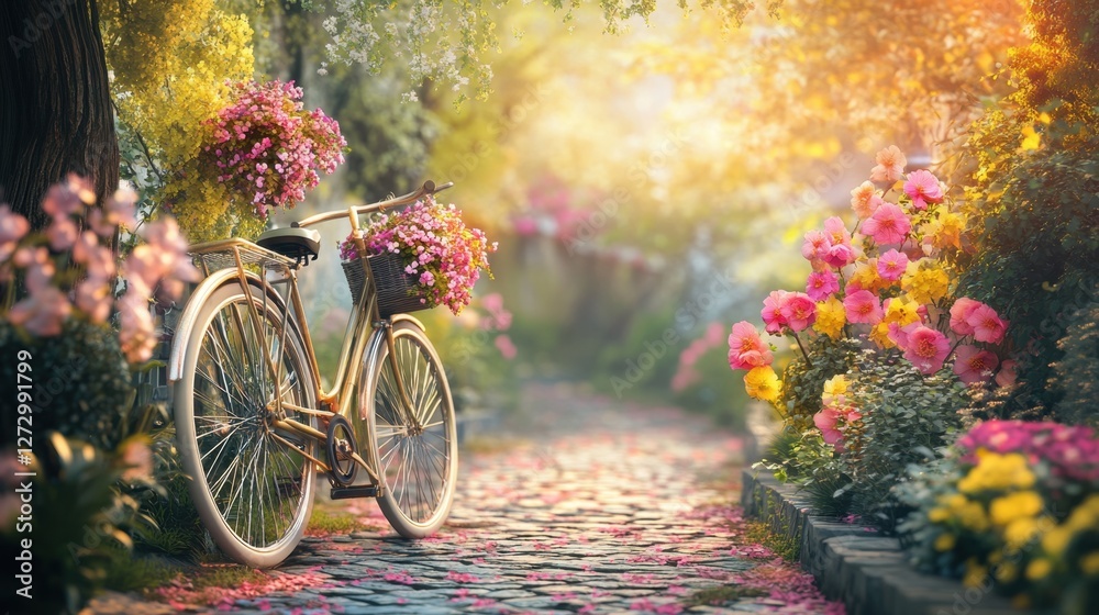 Fototapeta premium A picturesque springtime setting with a bicycle adorned with vibrant flowers, parked along a charming pathway