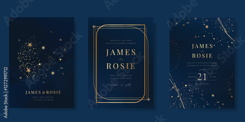 Luxury invitation card design vector set. Elegant wedding card with little star moon sun and space decorative on watercolor navy blue background. Design illustration for cover, poster, gala.