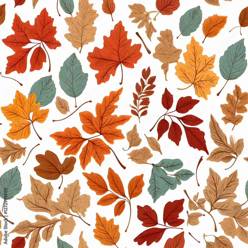 Fototapeta premium A seamless repeat pattern featuring illustrated autumn leaves and twigs in warm fall hues. Perfect for wallpaper,