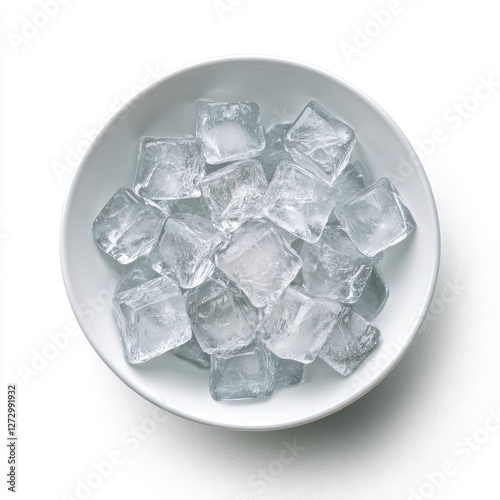 Ice cubes in white bowl, overhead view, isolated on white background photo