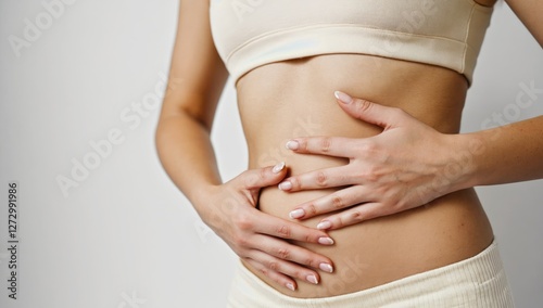 Wallpaper Mural Gentle Touch: An intimate capture of a woman tenderly cradling her abdomen, conveying a sense of care and introspection. Torontodigital.ca