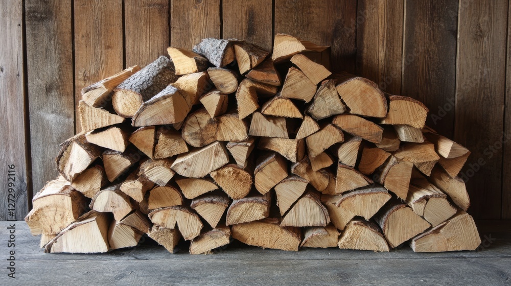 Fototapeta premium A pile of firewood stacked with care against a rustic wooden wall, radiating natural simplicity and a warm, cozy atmosphere.