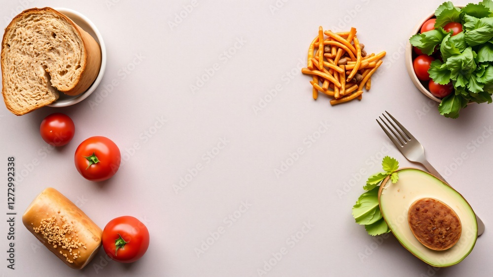 Healthy Eating Concept Balanced Diet with Bread, Avocado, Tomatoes, and Snacks Healthy Eating Concept Balanced Diet with Bread, Avocado, Tomatoes, and Snacks