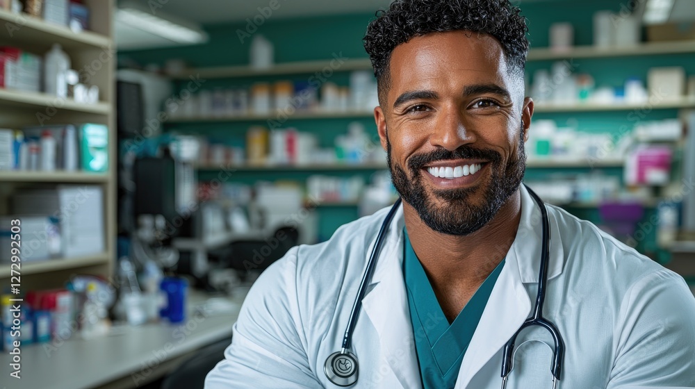 Obraz premium Smiling pharmacist in pharmacy