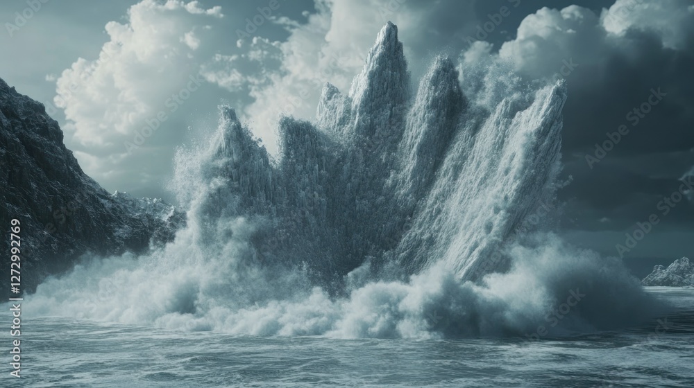 Obraz premium Majestic waves crashing against rugged cliffs under a dramatic sky, showcasing nature's power