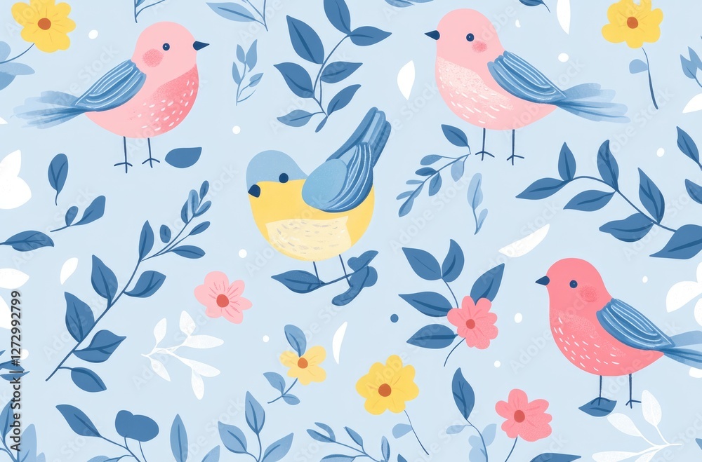 Obraz premium Whimsical Songbirds: A cheerful flock of vibrant songbirds perched amidst a tapestry of blooming flowers and lush foliage, creating a delightful illustration of springtime in full bloom.