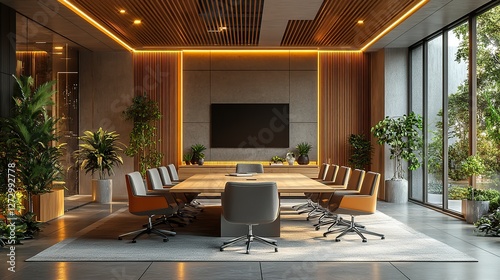 modern conference room interior featuring a large meeting table comfortable chairs gray slat accent wall and built in wooden storage cabinet 3d rendered visualization