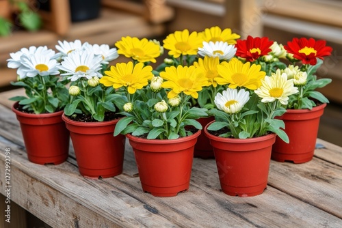 Wallpaper Mural Colorful Daisies in Red Pots Displayed on a Wooden Surface in a Garden Setting Torontodigital.ca