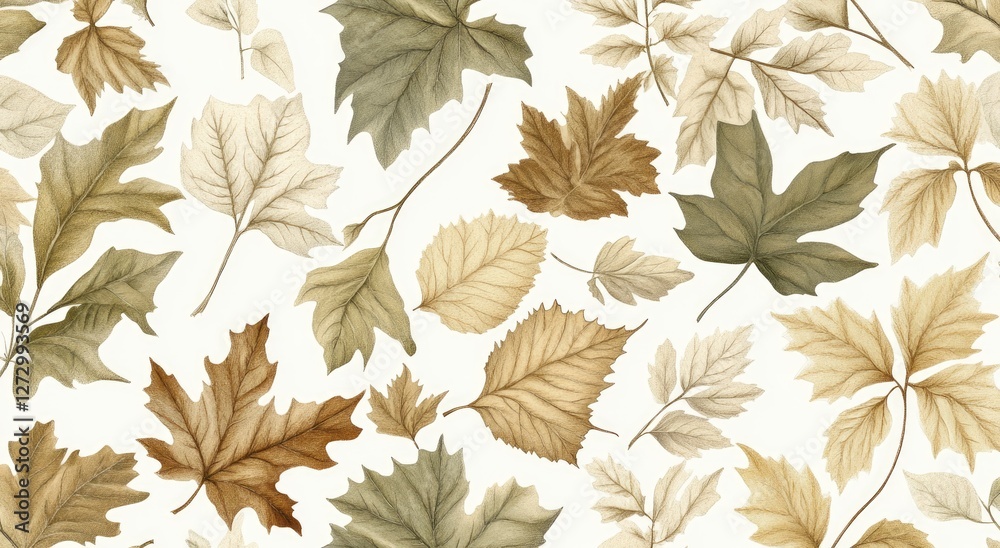 Autumnal Elegance: A captivating tapestry of various autumnal leaves, showcasing a rich palette of warm, earthy tones, and intricate textures. 