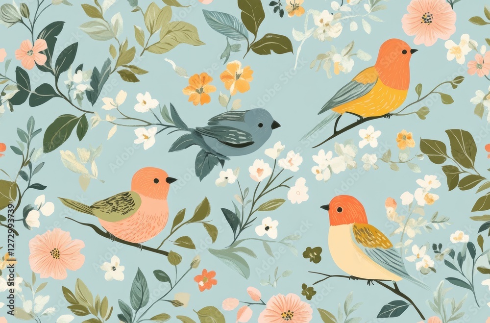 Whimsical Garden Quartet: A charming, flat illustration features four colorful birds nestled among a vibrant array of flowers and leaves, set against a soft, inviting backdrop. Whimsical Garden Quartet: A charming, flat illustration features four colorful birds nestled among a vibrant array of flowers and leaves, set against a soft, inviting backdrop.