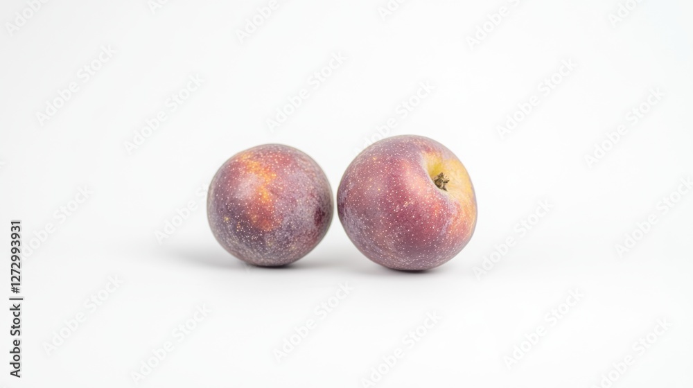 Two Fresh Ripe Purple Plums on White Background Ready for Healthy Snacking and Cooking Two Fresh Ripe Purple Plums on White Background Ready for Healthy Snacking and Cooking