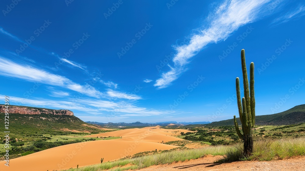 Scenic landscape features a desert valley with a prominent cactus Scenic landscape features a desert valley with a prominent cactus