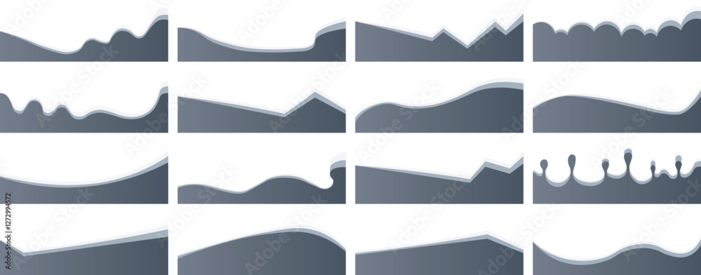 Vector Set of Abstract Wave Divider Shapes – Top and Bottom Borders for Websites, Apps, Banners, Posters – Modern Web Page Separators with Fluid, Curved, and Wavy Elements
