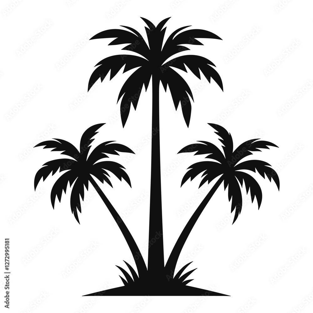 Fototapeta premium Vector black silhouette of three palm trees on a white background, a simple flat illustration