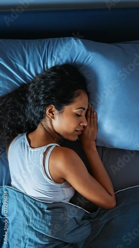 Peaceful woman sleeping soundly in cozy bed with soft bedding