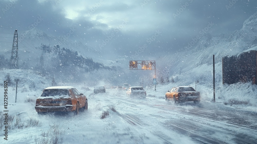 Snow-covered road with yellow cars navigating through a winter storm in a mountainous landscape Snow-covered road with yellow cars navigating through a winter storm in a mountainous landscape