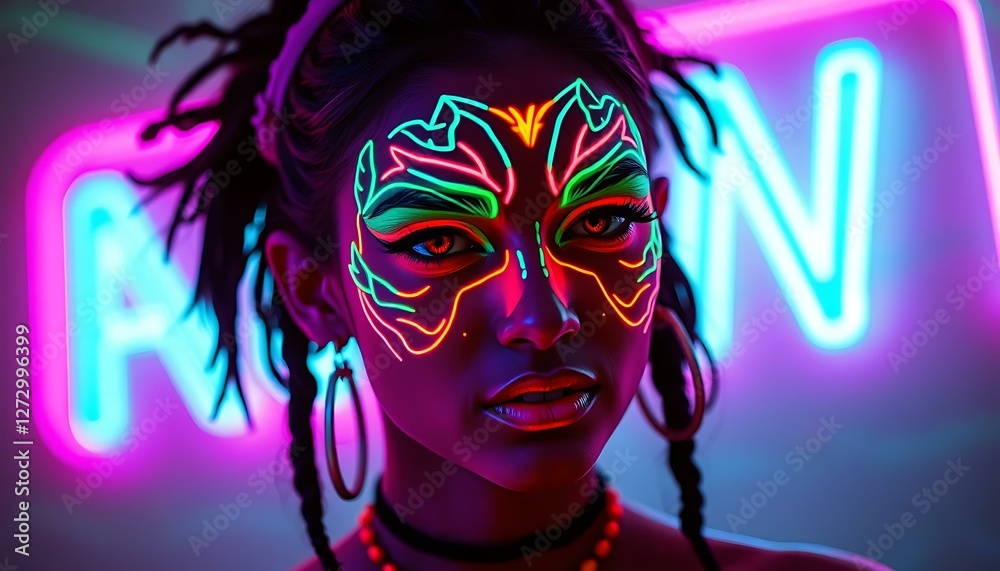 Fototapeta premium Neon Glow: Woman with Vibrant Face Paint & Braids under Neon Sign
