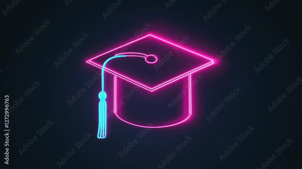 Bright neon graduation cap symbolizing academic achievement in a colorful digital format Bright neon graduation cap symbolizing academic achievement in a colorful digital format