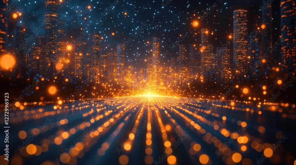 Fototapeta premium Futuristic city lights digital art, glowing pathway, night scene, stock photo