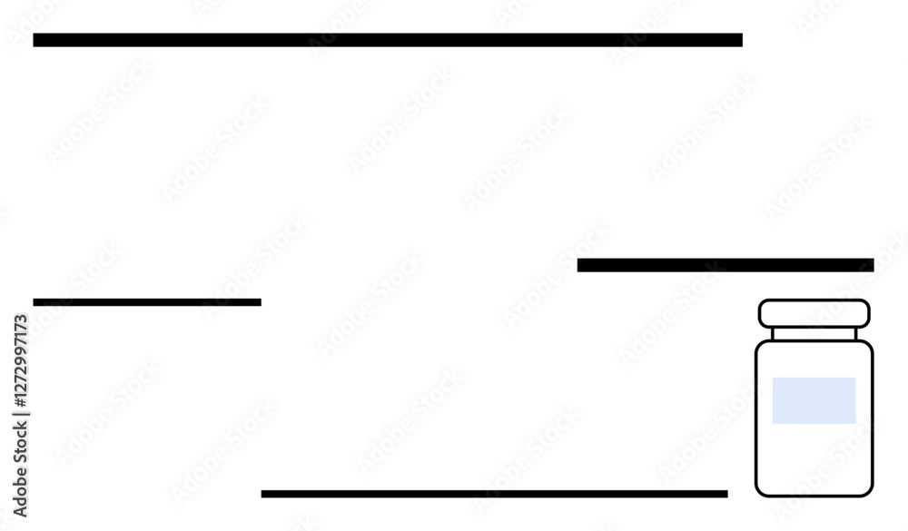 Vaccine vial on the right with bold horizontal lines and white background representing healthcare, medication, immunization, prevention, minimalism, science communication, abstract line flat metaphor Vaccine vial on the right with bold horizontal lines and white background representing healthcare, medication, immunization, prevention, minimalism, science communication, abstract line flat metaphor