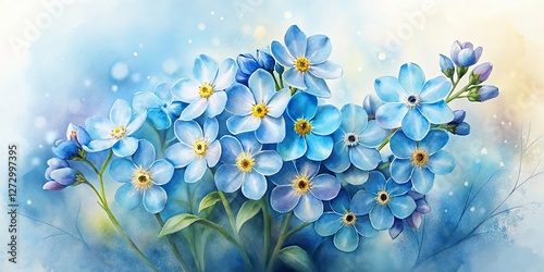 Fototapeta Naklejka Na Ścianę i Meble -  Double exposure watercolor art: delicate blue forget-me-nots cluster against a pristine white.