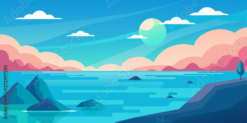 Serene ocean landscape with colorful clouds and distant mountains during daytime