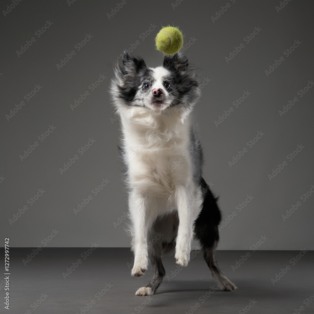 Obraz premium A border collie stands on its hind legs, balancing a tennis ball on its nose, appearing focused.