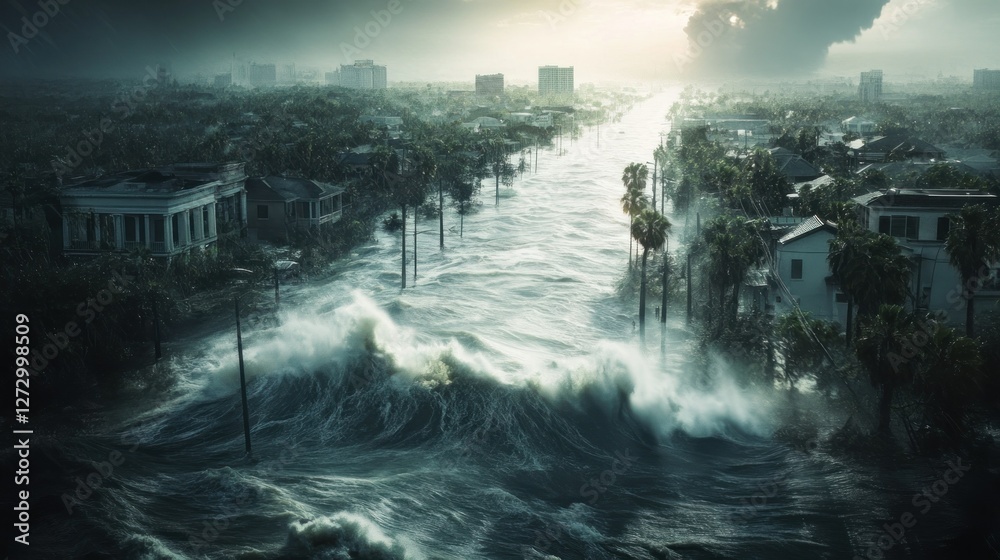 Fototapeta premium Dramatic view of a flooded urban landscape during a storm, showcasing turbulent waves and dark skies